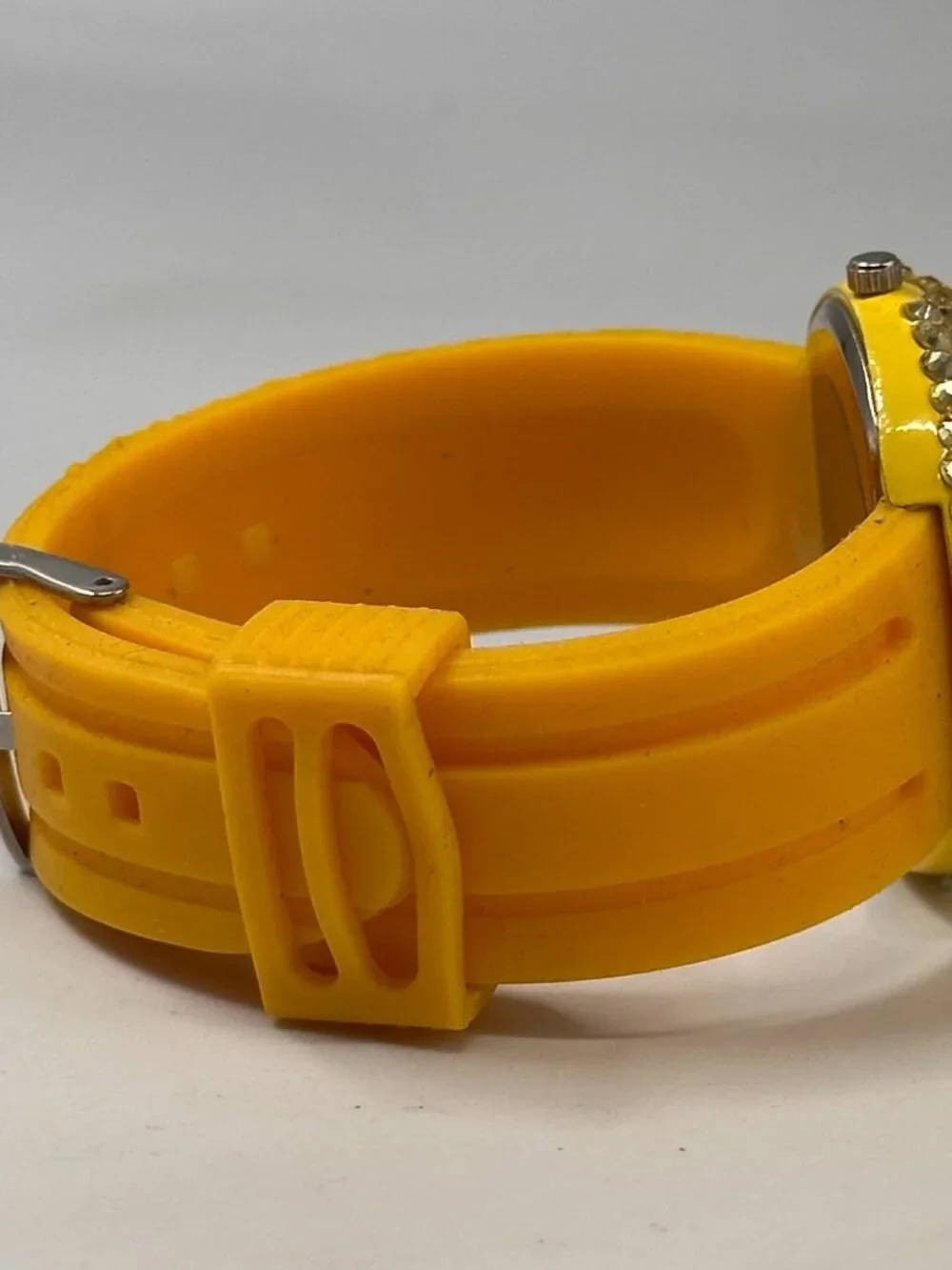 Time Square Watch Womens Yellow Rhinestone Case Silicone Band New Battery 9.5